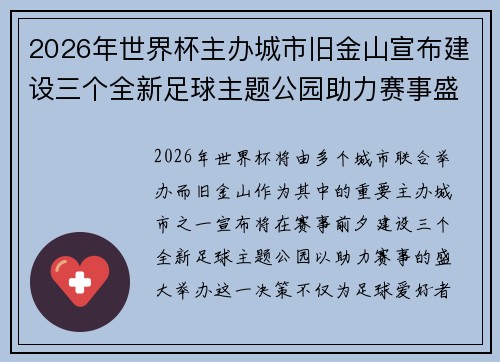 2026年世界杯主办城市旧金山宣布建设三个全新足球主题公园助力赛事盛宴